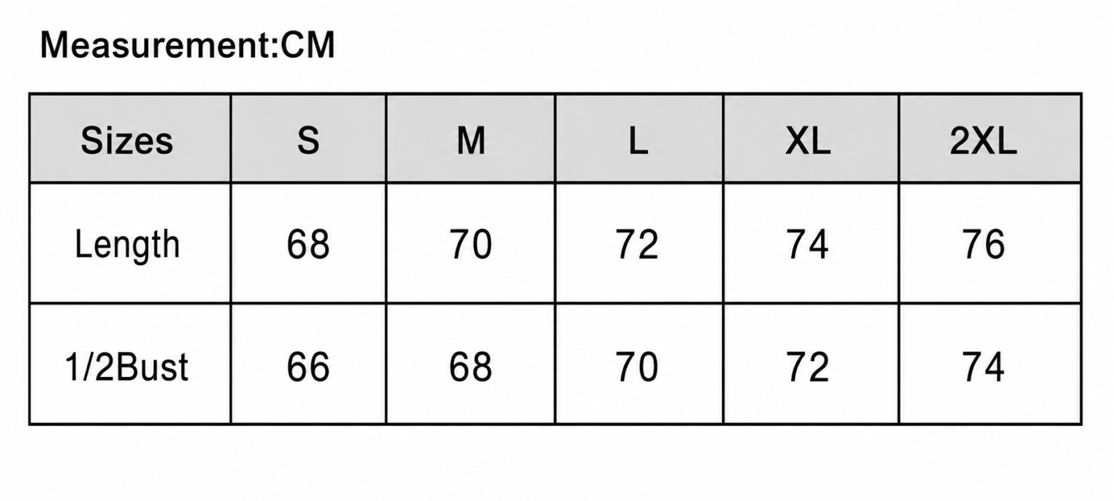 Size chart for hoddies