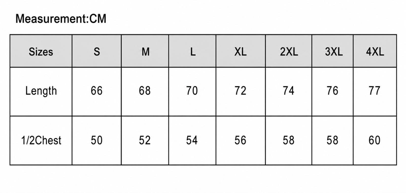 Size chart for t-shirts